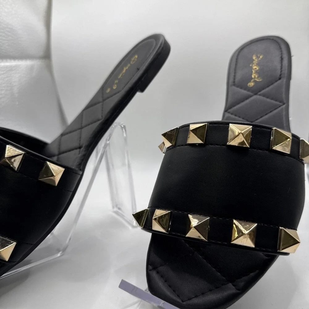 Black Quilted Slip-On Studded Sandals With Gold Studs By‎ Qupid Womens Size 8